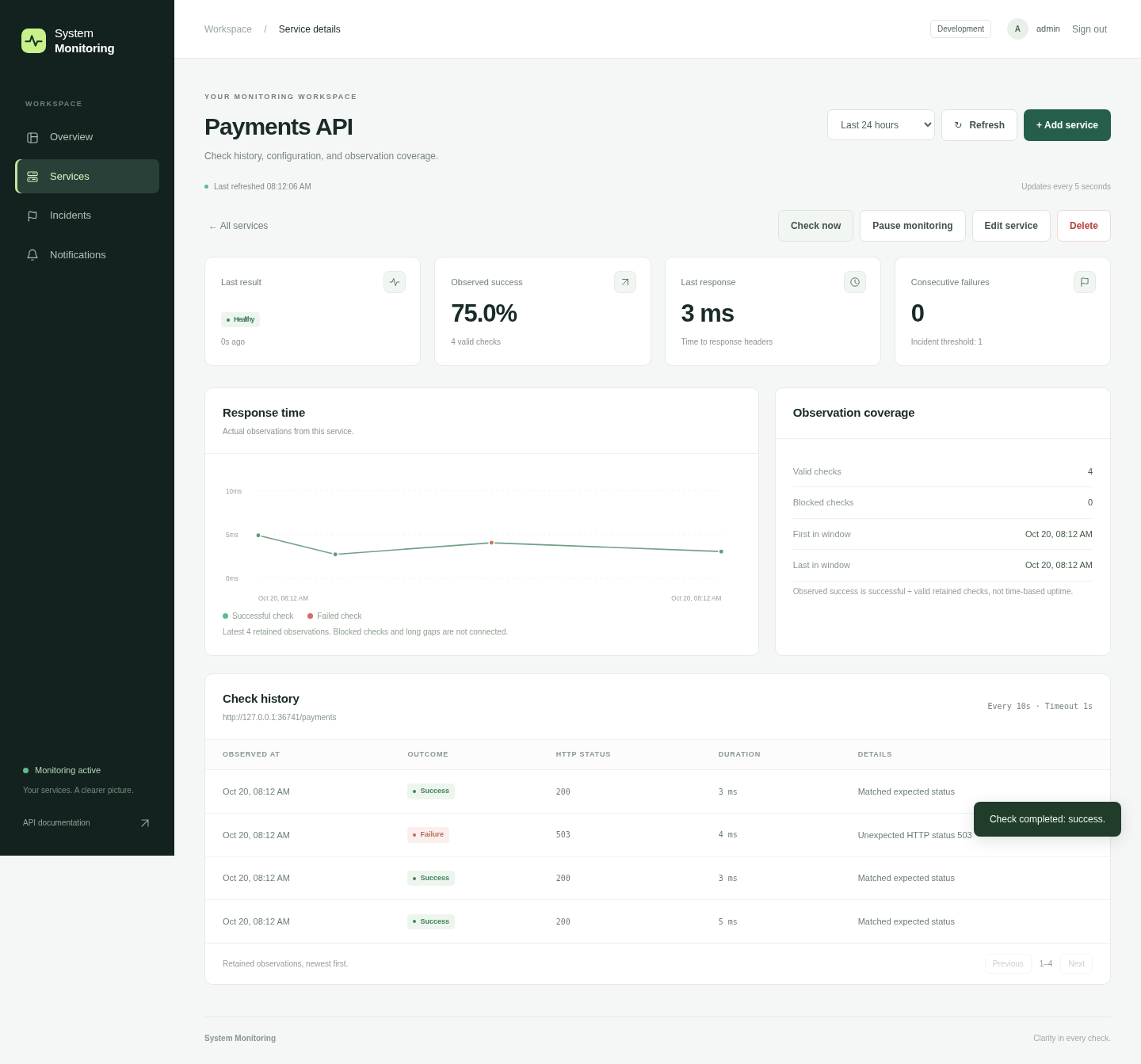 Payments API detail screen with response-time chart and outage and recovery observations